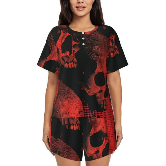 Pofeuu Red And Black Abstract Skull Print Women's Pajama Set Short/Shorts Soft Button PJs Elastic Drawstring Waist Sleepwear-Small