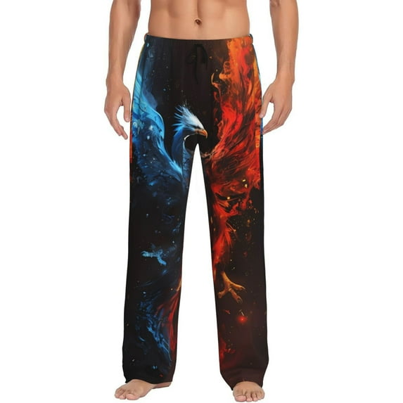 Pofeuu Red And Blue Fire Bird Print Men's Pajama Pants, Soft Lounge Pajama Pants with big pockets for Men Plaid Pj Bottoms-Small