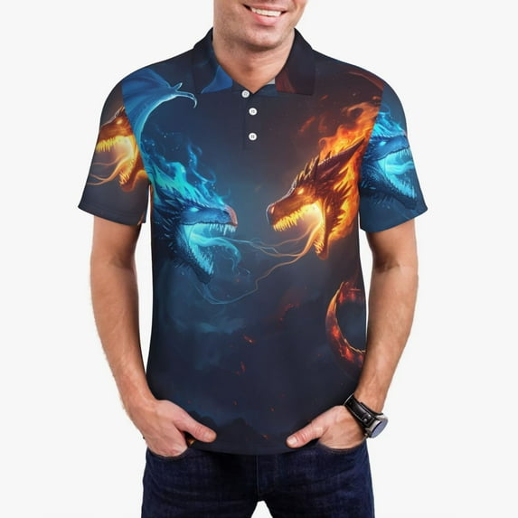 Pofeuu Red And Blue Fire Dragon C Print Men's Loose Fit Midweight Short-Sleeve Pocket Polo-XX-Large