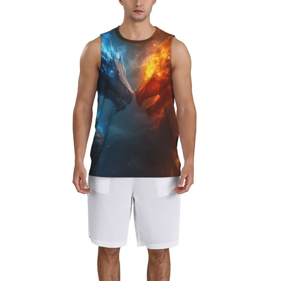 Pofeuu Red And Blue Fire Dragon E Print Basketball Jersey, Shirts for Men Youth Basketball Jersey Crew Neck-3X-Large