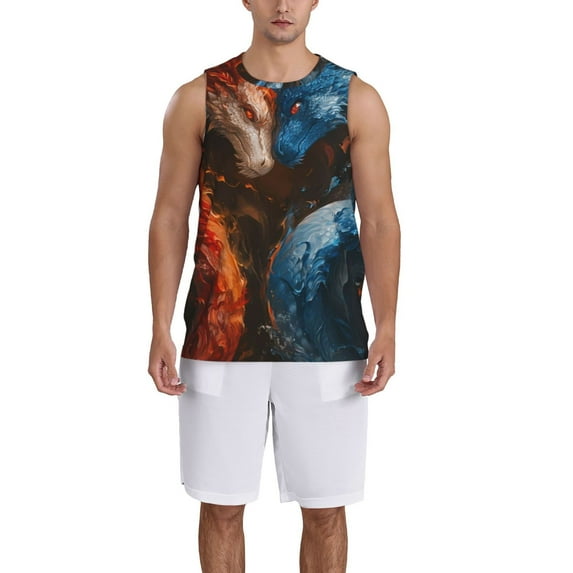 Pofeuu Red And Blue Fire Dragon F Print Basketball Jersey, Shirts for Men Youth Basketball Jersey Crew Neck-Small