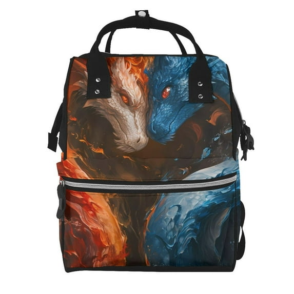 Pofeuu Red And Blue Fire Dragon F Print Diaper Bag Backpack, Multifunction Travel Pack Maternity Baby Changing Bags, Large Capacity, Waterproof