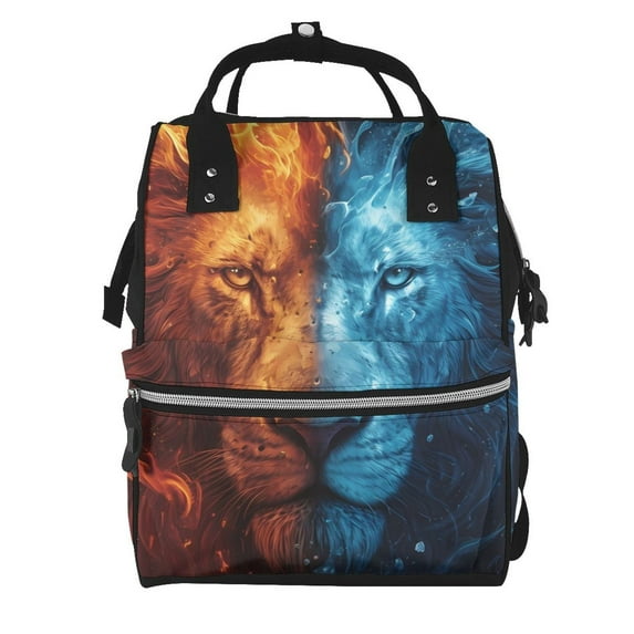 Pofeuu Red And Blue Fire Lion Print Diaper Bag Backpack, Multifunction Travel Pack Maternity Baby Changing Bags, Large Capacity, Waterproof