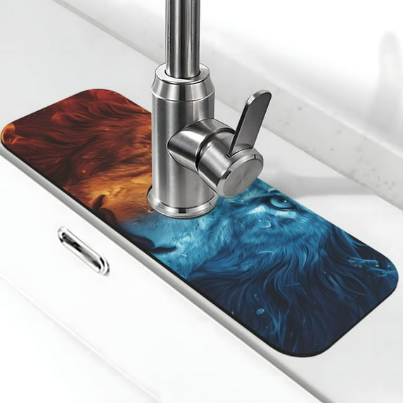 Pofeuu Red And Blue Fire Lion Print Splash Guard for Sink Faucet Sink Gadgets-Splash Guard Behind Faucet Drip Catcher for Kitchen, Bathroom,Sink Mat
