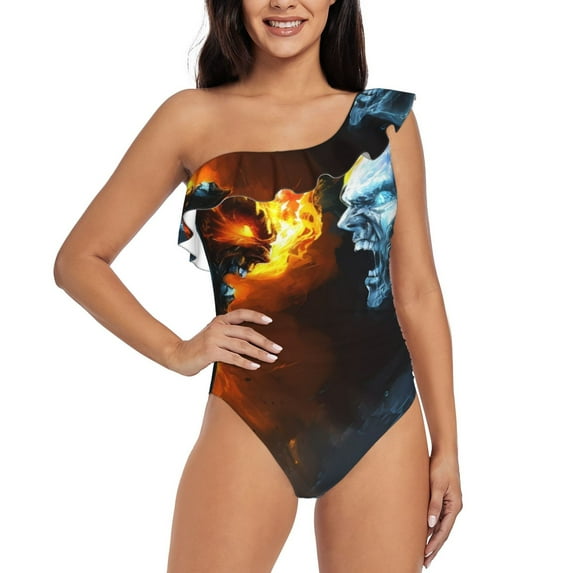 Pofeuu Red And Blue Fire Skull Warrior Print Women's One Piece Swimsuits One Shoulder Swimwear Asymmetric Ruffle Monokinis Bathing Suits-Medium