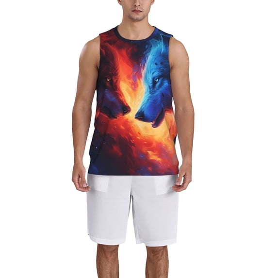 Pofeuu Red And Blue Fire Wolf Print Basketball Jersey, Shirts for Men Youth Basketball Jersey Crew Neck-XX-Large