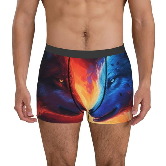 Pofeuu Red And Blue Fire Wolf Print Men’s Boxer Briefs, Moisture-Wicking Underwear, Regular,Trunk-XX-Large