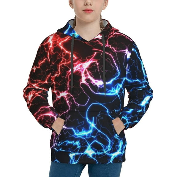 Pofeuu Red And Blue Lightning Print Kids Pullover Hoodies Warm Thick Hooded Sweatshirt with Packet for Boys Girls-Small
