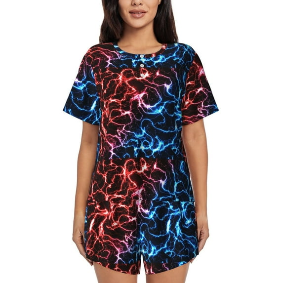 Pofeuu Red And Blue Lightning Print Women's Pajama Set Short/Shorts Soft Button PJs Elastic Drawstring Waist Sleepwear-Large