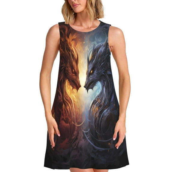Pofeuu Red And White Beast Print Women's Sleeveless Dress, Loose Fit Summer Dress, Casual Tank Dress for Women