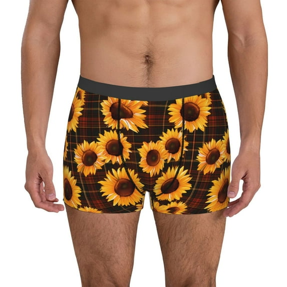 Pofeuu Red Black Plaid Sunflower Print Men’s Boxer Briefs, Moisture-Wicking Underwear, Regular,Trunk-X-Large