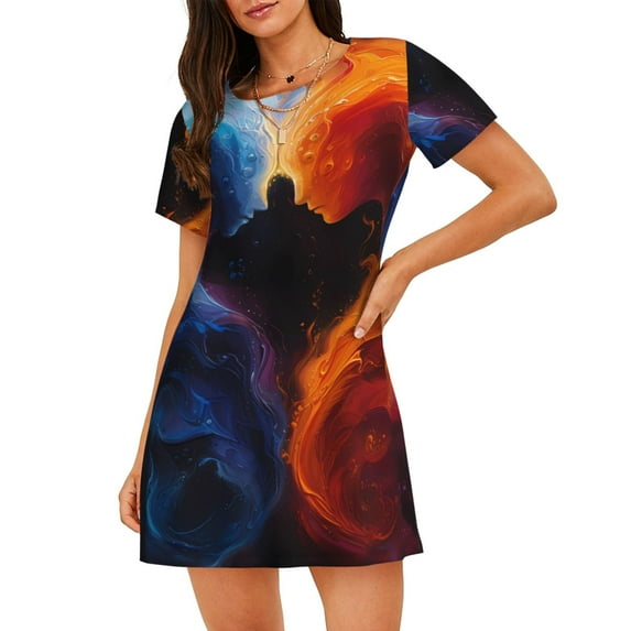 Pofeuu Red And Blue Abstract Print Women's Loose Fit Short Sleeve Nightgown, Comfortable Sleep Dress for Women, Casual Lounge Sleepwear, Soft Cotton Sleep Dress