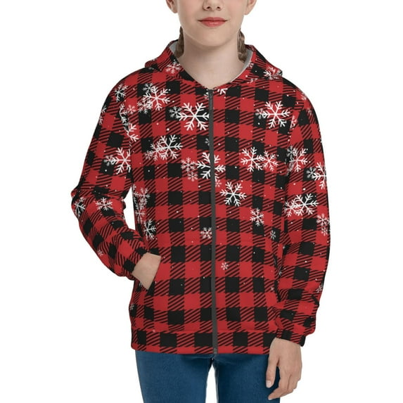 Pofeuu Red Buffalo Plaid Print Teenage Zipper Hoodie Sweatshirts Hooded Casual Jackets With Pocket For Boys Girls-Small