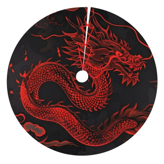 Pofeuu Red Dragon On Black Print Christmas Tree Skirt, Merry Christmas Skirt Xmas Tree Ornaments for Xmas Holiday Party Decorations-30"