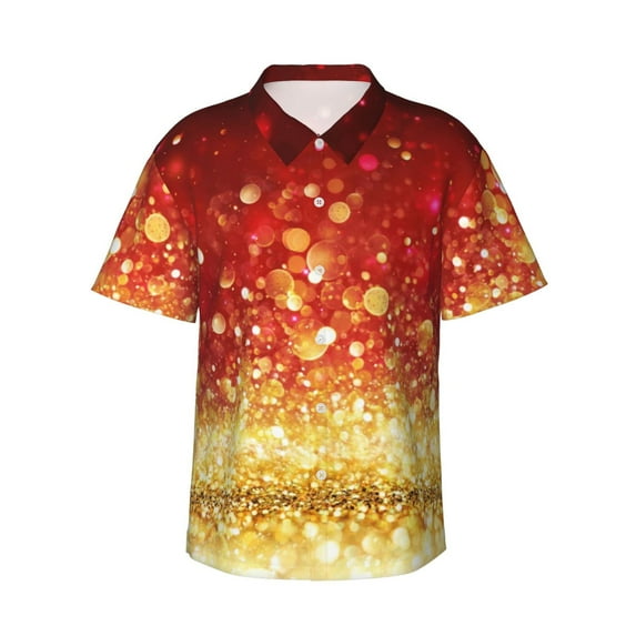 Pofeuu Red Gold Glitter Print Hawaiian Shirt for Men Sleeves Casual Button Down Summer Beach Dress Shirts T-Shirts,XX-Large