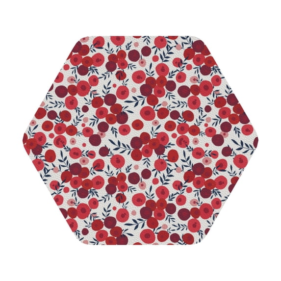 Pofeuu Red Hawthorn Print Leather Coasters Set of 6, Round Cups Mugs Mat Pad for Home Kitchen Heat Resistant Drink Coasters,Hexagon