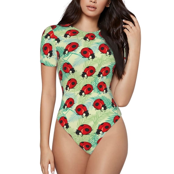 Pofeuu Red Ladybugs And Leaf Print Short Sleeve Body Suits Women Round Neck Bodysuits for Women Onesie Adult Set Body Suit-Small