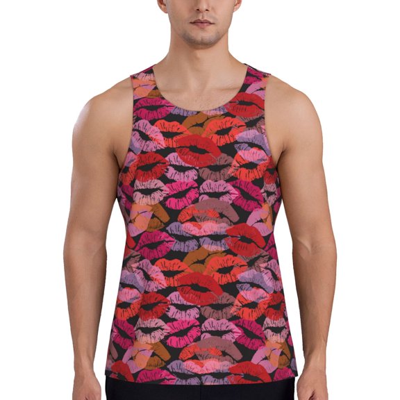 Pofeuu Red Lips Kissing Print Men's Workout Tank Tops Sleeveless Muscle Gym Shirt Quick Dry-Medium