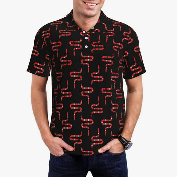 Pofeuu Red Snake Print Men's Loose Fit Midweight Short-Sleeve Pocket Polo-3X-Large