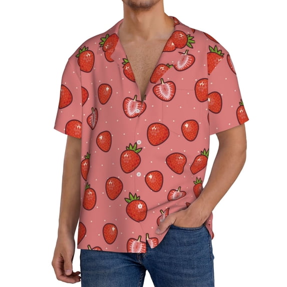 Pofeuu Red Strawberry Print Mens Casual Short Sleeve Shirts Beach Summer Spread Collar Pocket Tops Men's Casual Short-sleeved Shirt-4X-Large