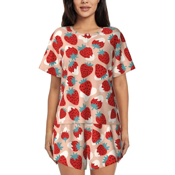 Pofeuu Red Strawberry Print Women's Pajama Set Short/Shorts Soft Button PJs Elastic Drawstring Waist Sleepwear-X-Large