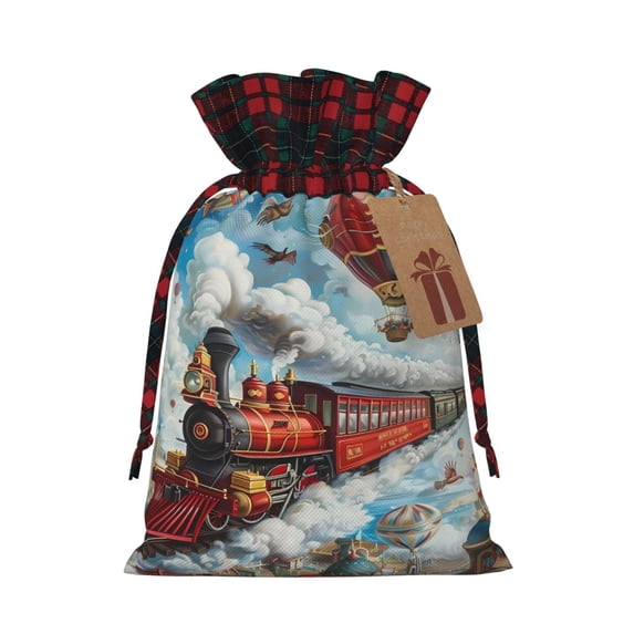 Pofeuu Red Train Hot Air Balloon Print Burlap Bags with Drawstrings Drawstring Gift Bags Pouch Bag for Thankgiving Birthday Party Gift Wrapping Treats and Party Favors-Black