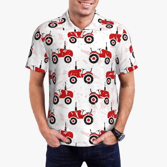 Pofeuu Red Wheeled Tractors Print Men's Loose Fit Midweight Short-Sleeve Pocket Polo-Large