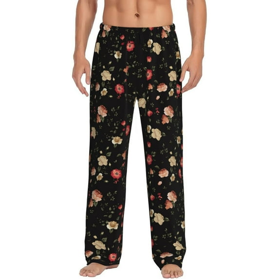 Pofeuu Red White Flowers Print Men's Pajama Pants, Soft Lounge Pajama Pants with big pockets for Men Plaid Pj Bottoms-XX-Large