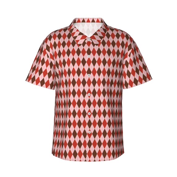 Pofeuu Red and Brown Squares Print Hawaiian Shirt for Men Sleeves Casual Button Down Summer Beach Dress Shirts T-Shirts,Medium