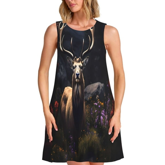 Pofeuu Regal Stag In Forest Print Women's Sleeveless Dress, Loose Fit Summer Dress, Casual Tank Dress for Women