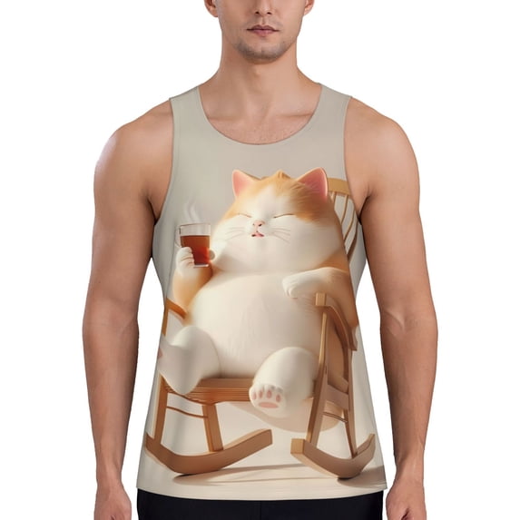 Pofeuu Relaxing Cat With Tea Print Men's Workout Tank Tops Sleeveless Muscle Gym Shirt Quick Dry-