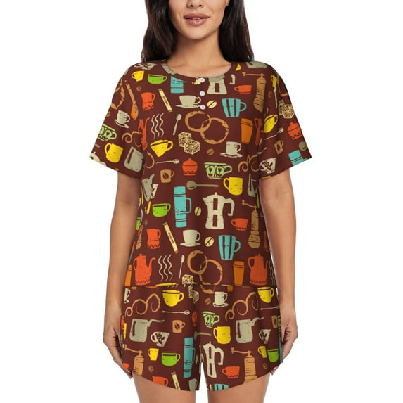 Pofeuu Retro Coffee Print Women's Pajama Set Short/Shorts Soft Button PJs Elastic Drawstring Waist Sleepwear-4X-Large