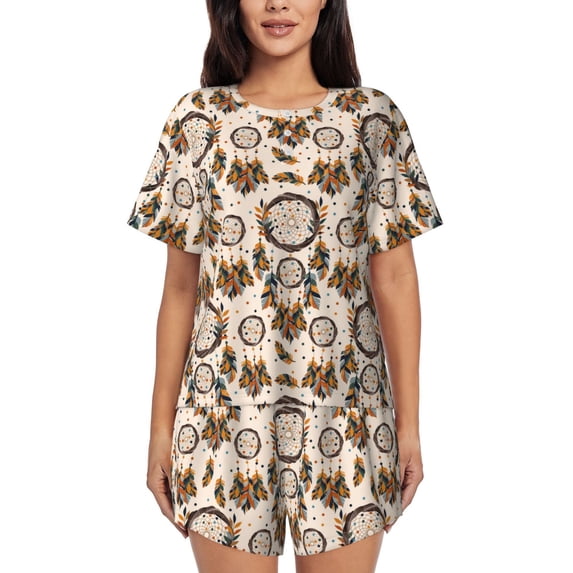 Pofeuu Retro Dreamcatcher Print Women's Pajama Set Short/Shorts Soft Button PJs Elastic Drawstring Waist Sleepwear-X-Large