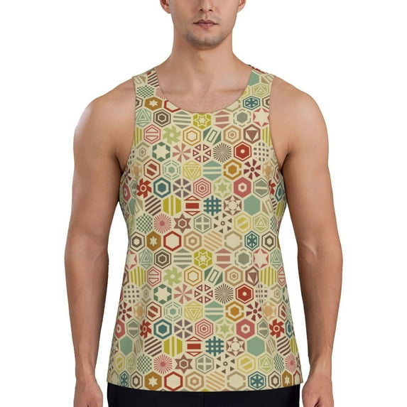 Pofeuu Retro Geometry Print Men's Workout Tank Tops Sleeveless Muscle Gym Shirt Quick Dry-3X-Large