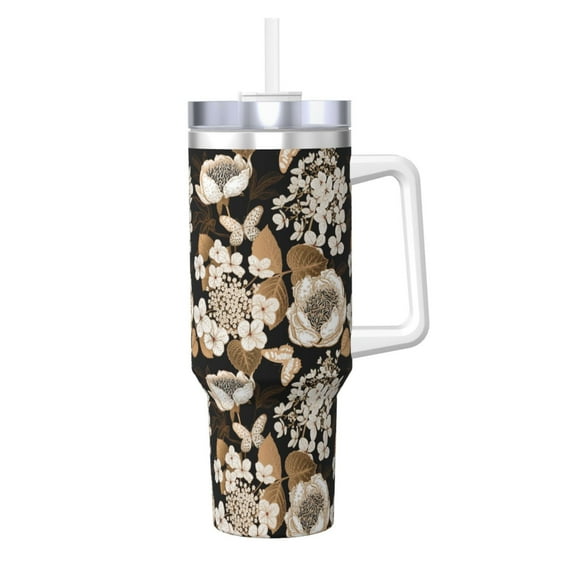 Pofeuu Retro Hydrangeas Print 40oz Ice Bully With Handle And Straw Stainless Steel Vacuum Insulated Cup And 2 In 1 Straw Lid