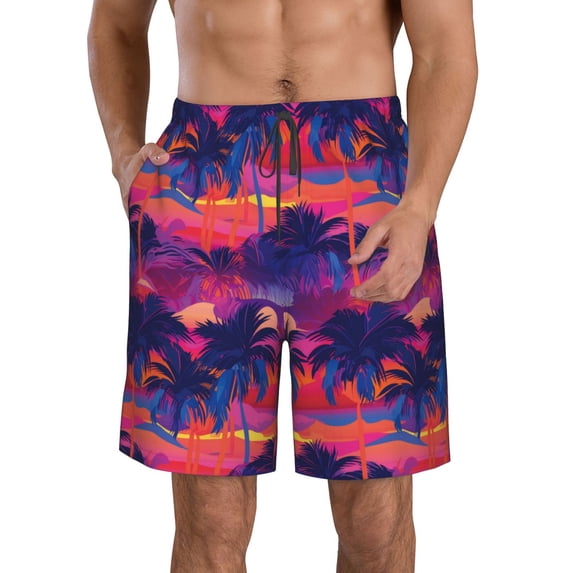 Pofeuu Retro Palms Prin Men's Swim Trunks Quick Dry Bathing Suit Swimming Board Shorts Mesh Lining Beach Swimwear-Medium