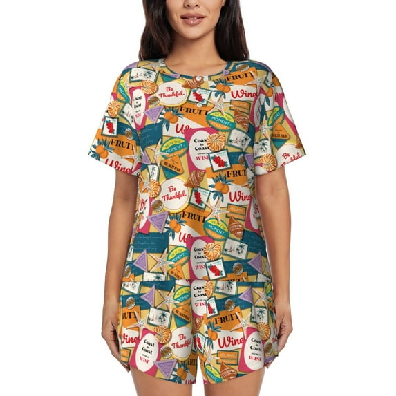 Pofeuu Retro Summer Stamp Print Women's Pajama Set Short/Shorts Soft Button PJs Elastic Drawstring Waist Sleepwear-4X-Large
