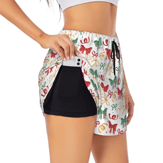 Pofeuu Retro bows Print Women's Athletic Shorts Running Workout Shorts Tummy Control Quick Dry Gym Shorts with Pockets Double layer sports shorts-Medium