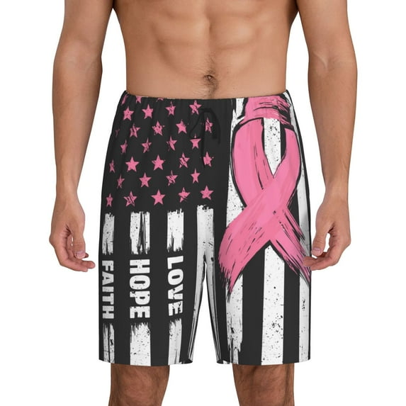 Pofeuu Ribbon Breast Cancer Awareness Print Men's Soft Woven Elastic Waistband Sleep Pajama Short-3X-Large