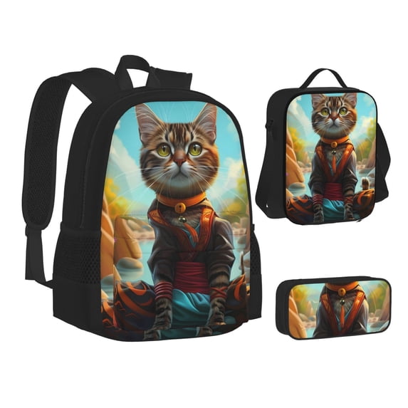 Pofeuu Riverside Meditating Cat Print Backpack Travel Backpacks With Lunch Bag Pencil Bag Set 3 pcs Set Cartoon Backpack