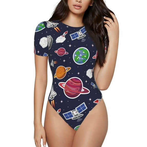 Pofeuu Rocket Satellite Print Short Sleeve Body Suits Women Round Neck Bodysuits for Women Onesie Adult Set Body Suit-Medium