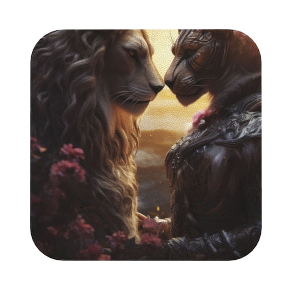 Pofeuu Romantic Flower Lion Couple Print Leather Coasters Set of 6, Round Cups Mugs Mat Pad for Home Kitchen Heat Resistant Drink Coasters,Square