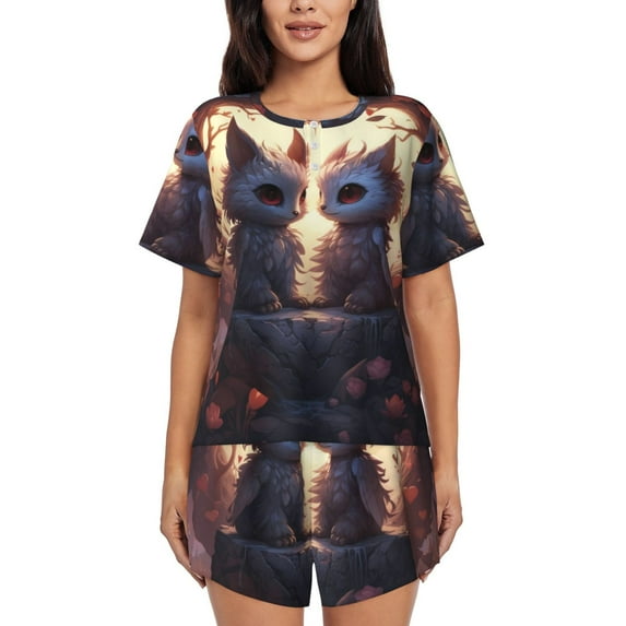 Pofeuu Romantic Rose Animal Couple Print Women's Pajama Set Short/Shorts Soft Button PJs Elastic Drawstring Waist Sleepwear-Large