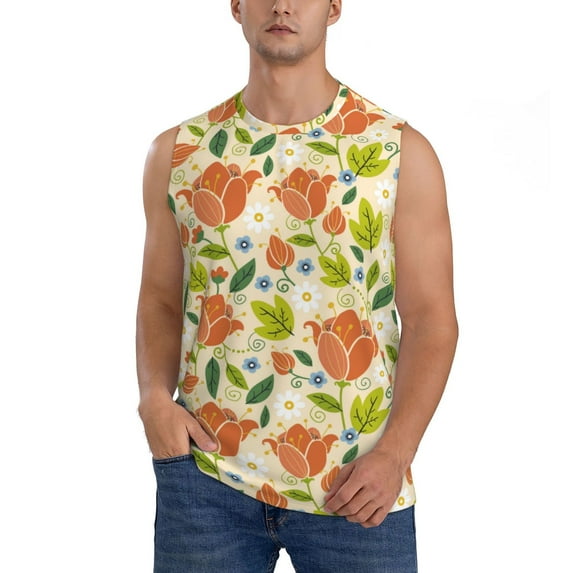 Pofeuu Rose Daisy Print Men's Muscle T-Shirt, Sleeveless, Muscle Tank, Classic Muscle Tee Top For Men Casual Sleeveless Muscle T-Shirt Trendy Clothes-Small