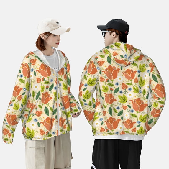 Pofeuu Rose Daisy Print Sun Protection Outdoor Lightweight Full Zip UV Cooling Hoodie Long Sleeve Summer Clothing for Outdoor Hiking-XX-Large