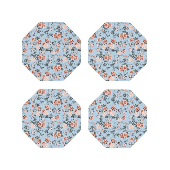 Pofeuu Rose Flowers Print Coasters for Drinks, 4Pack PU Leather Coasters, Bar Drink Coasters for Tabletop Protection, Furniture from Damage-Octagon