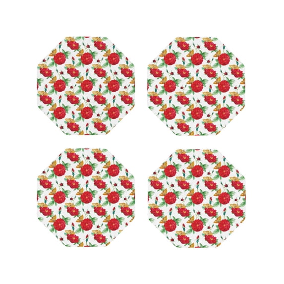 Pofeuu Rose Flowers Print Coasters for Drinks, 4Pack PU Leather Coasters, Bar Drink Coasters for Tabletop Protection, Furniture from Damage-Octagon
