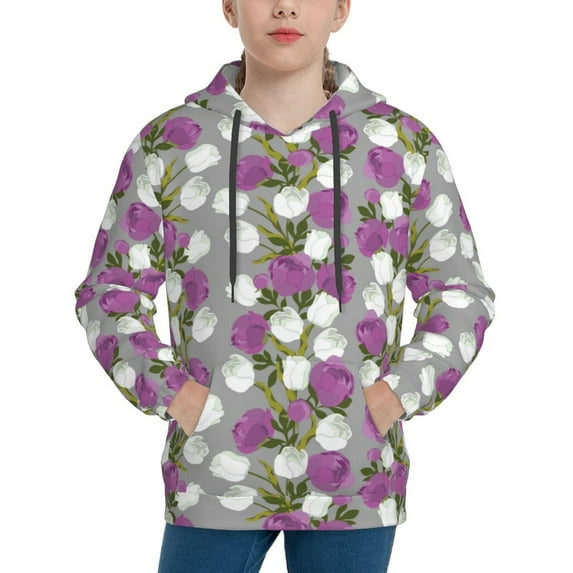 Pofeuu Rose Flowers Print Kids Pullover Hoodies Warm Thick Hooded Sweatshirt with Packet for Boys Girls-X-Large
