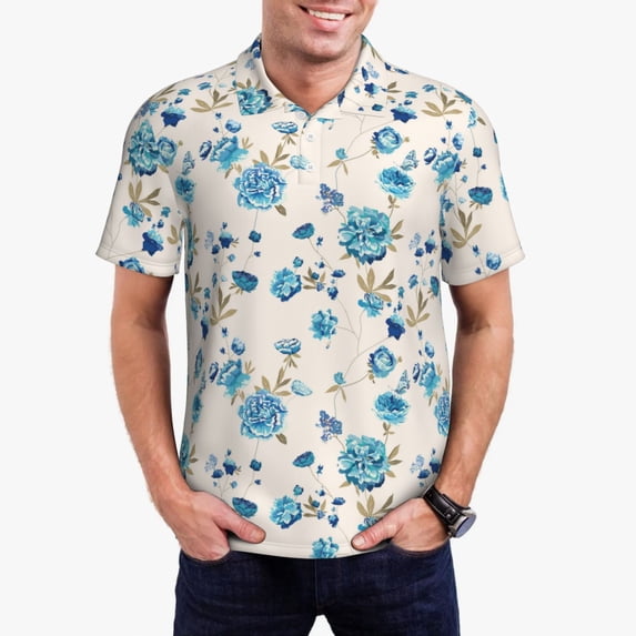 Pofeuu Rose Flowers Print Men's Loose Fit Midweight Short-Sleeve Pocket Polo-4X-Large