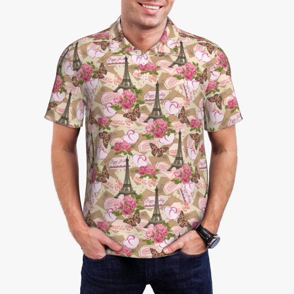 Pofeuu Rose Flowers Print Men's Loose Fit Midweight Short-Sleeve Pocket Polo-Small